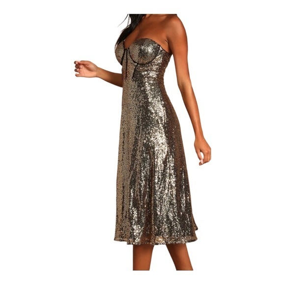 Lulus Gold Sequin Strapless Bodice Dress Size M NWOT - Picture 1 of 9